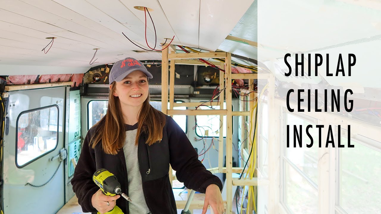 Skoolie Shoulder Workout | Installing a Shiplap Ceiling | SKOOLIE BUILD
