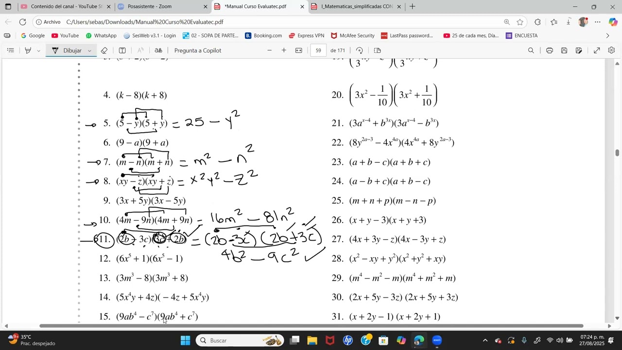 CURSO EXAMEN EVALUATEC TEMA: PRODUCTOS NOTABLES, BINOMIOS CONJUGADOS Y TERMINO COMUN