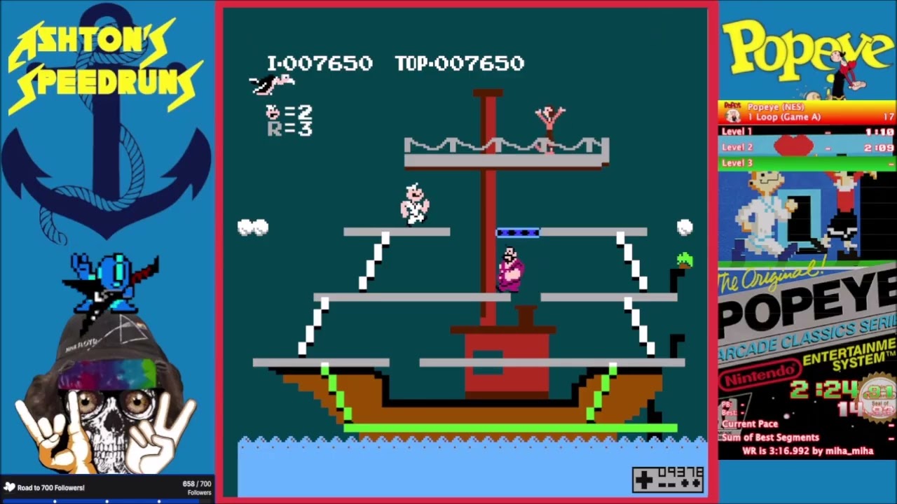 Popeye (NES) - Game A 1-Loop Former PB (3:50.620) | January 2, 2026