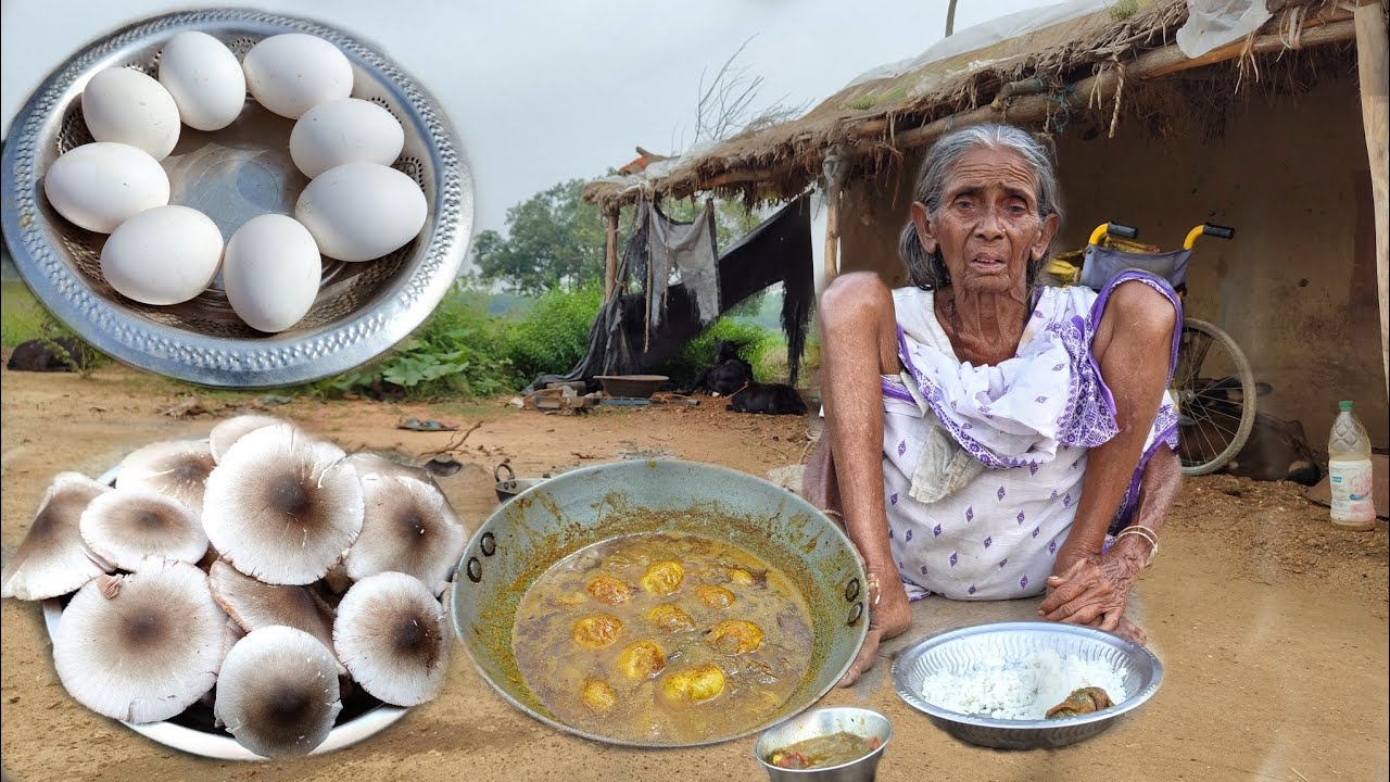90 year old poor grandma cooking EGG CURRY with Mushroom recipe & eating with rice|| Village life