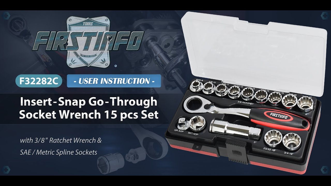FIRSTINFO F32282C Insert-Snap Go-Through Socket Wrench 15 pcs Set, 3/8