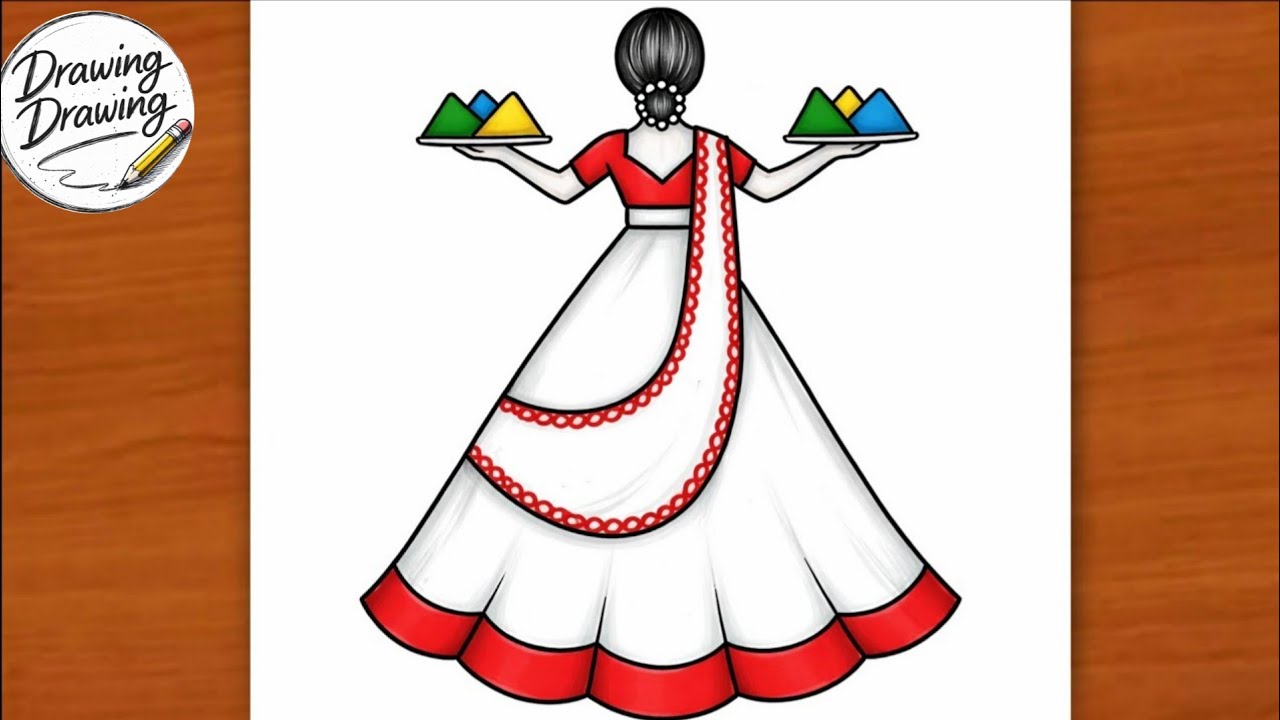 Holi drawing for kids | Holi drawing easy step by step I how to a draw traditional girl with Holi 