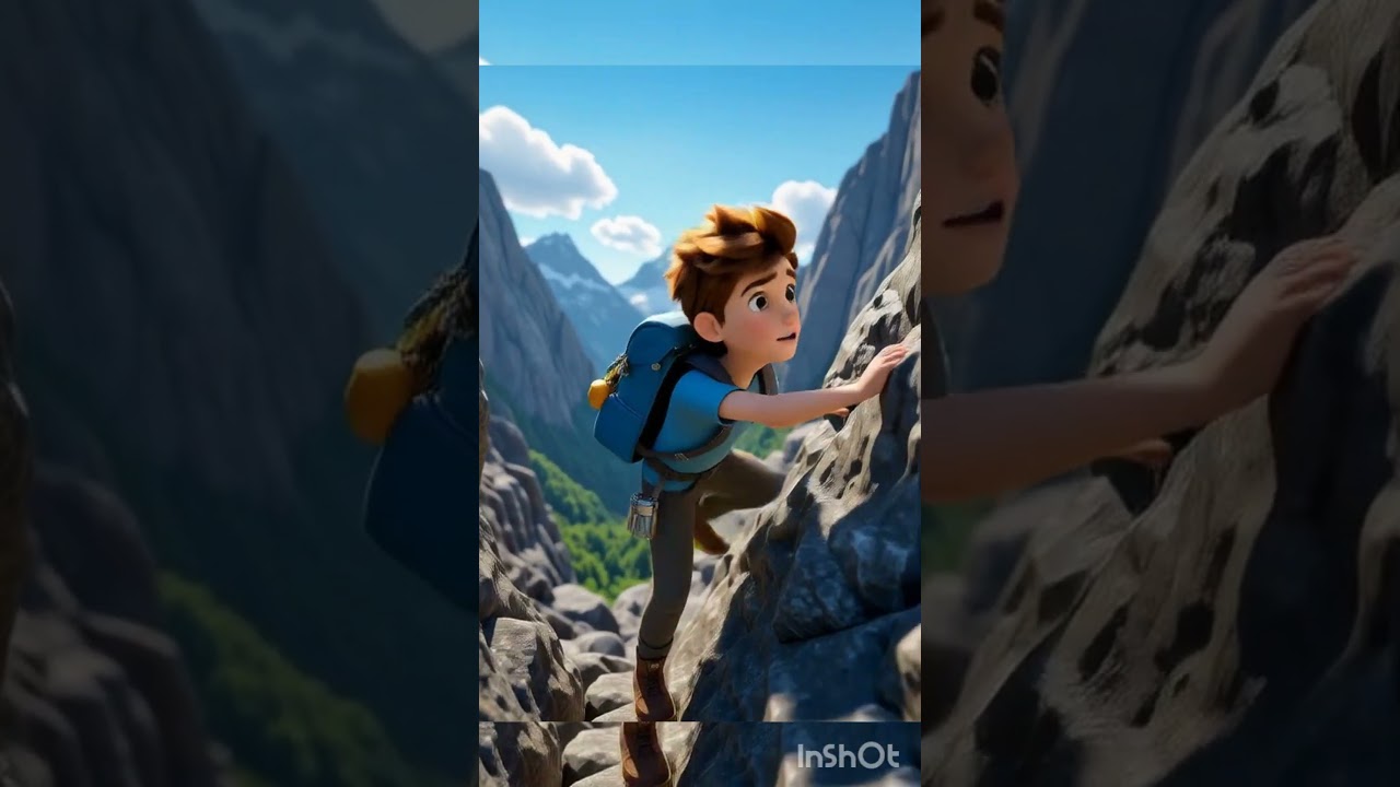 A boy climbing on  mountain valley 