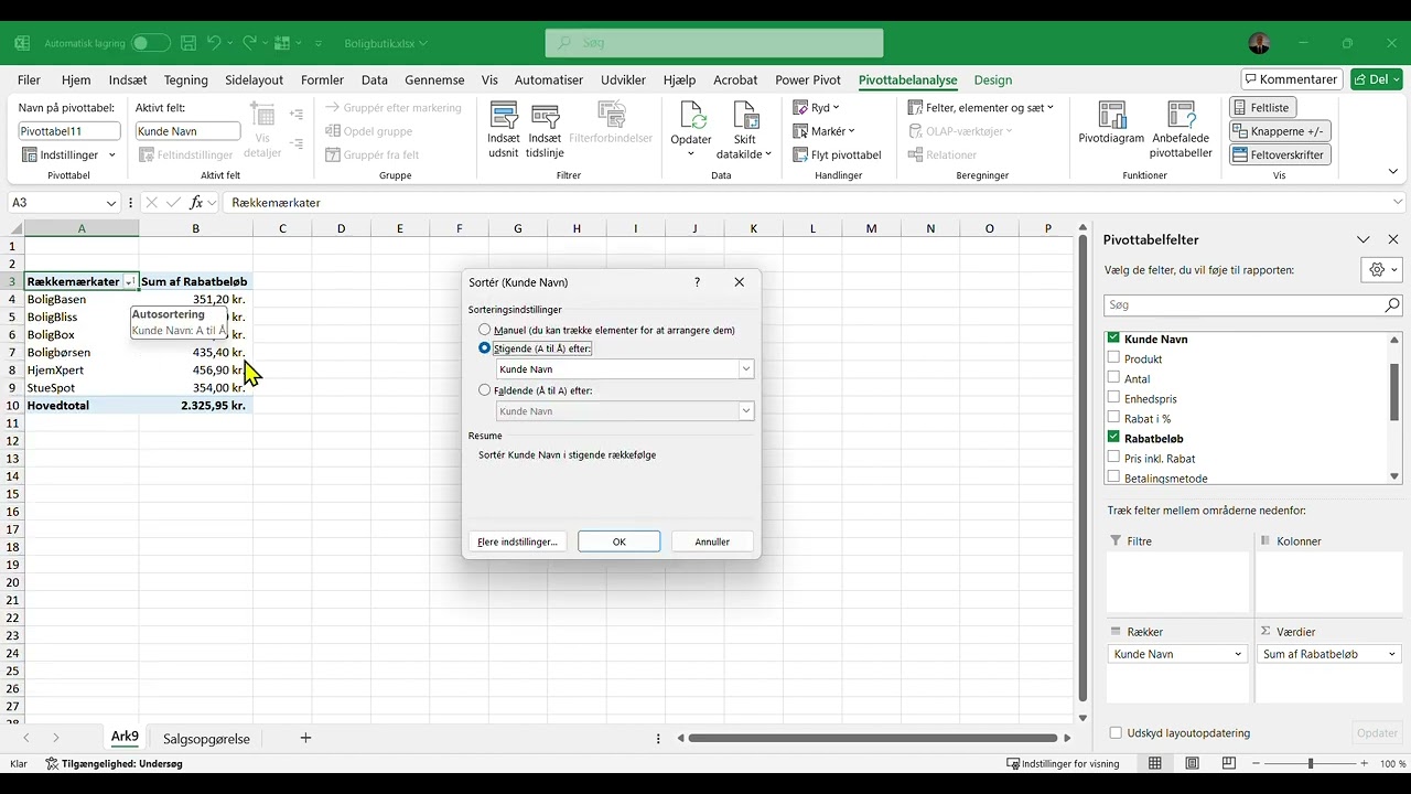 Sortering i pivottabeller