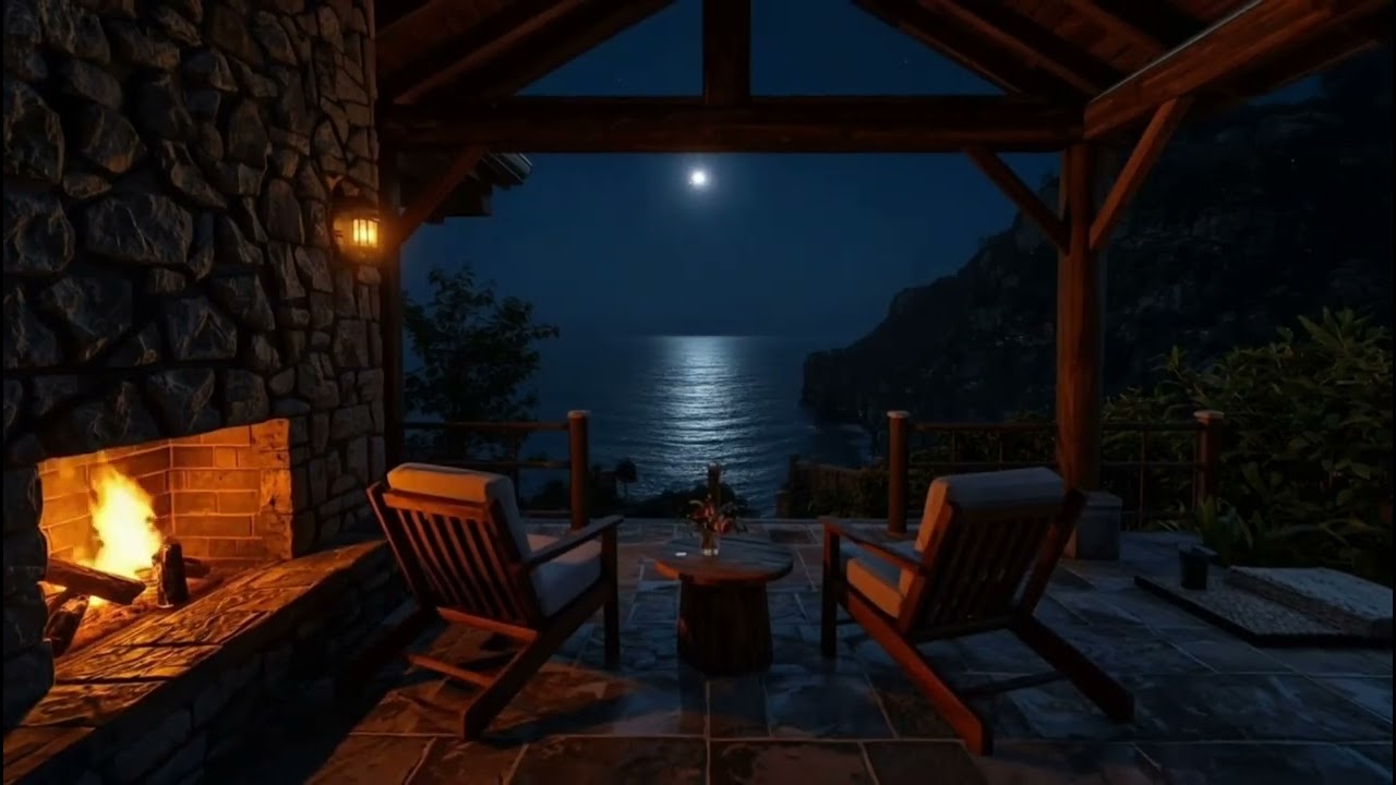 Cozy Fireplace & Ocean Waves at Night 🌙 Oceanfront Cabin Ambience for Deep Sleep (2 Hours)