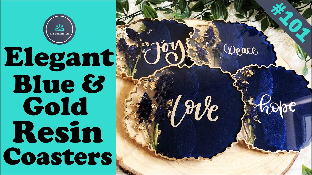 Elegant blue and gold geode resin coasters