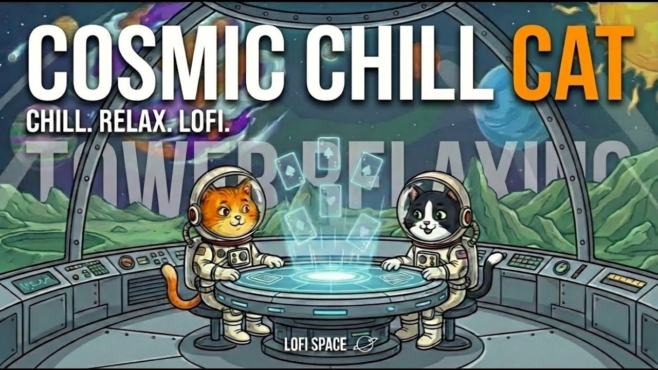Cosmic Chill Cat Lofi Tower Atmosphere 🌙 Chill Beats, Playing Cards & Cozy Night Vibes
