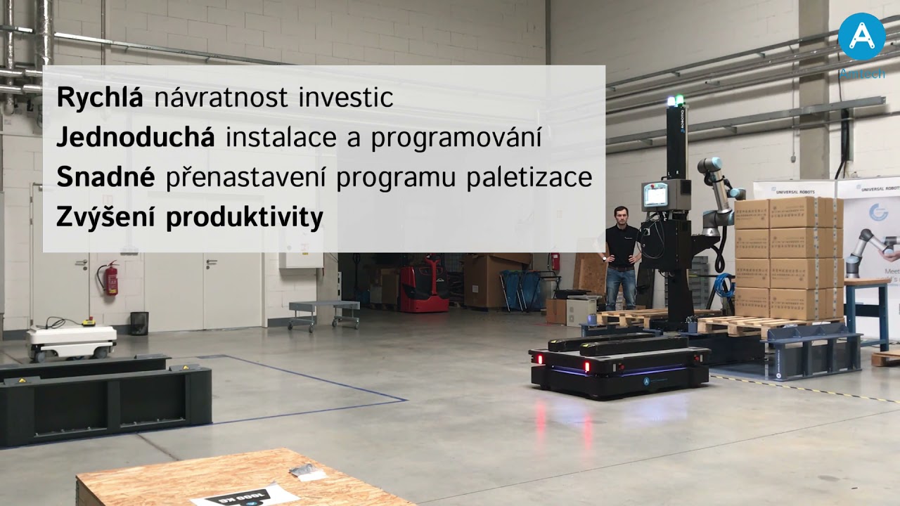 Paletizér Čestmír - plně automatický paletizér a odvoz palet - Universal Robots, MIR robot, Robotiq
