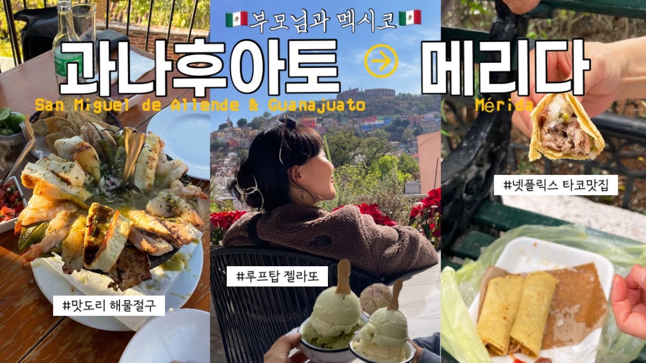 🇲🇽부모님과 소도시 당일치기🎒뷰맛집 레스토랑에서 10분컷 한 썰 푼다🥲과나후아토에서 야경보며 마무리하고 유카탄 반도 중심도시 메리다로 이동✈️ 인생 치맛살 피자&넷플릭스 타코집🌮