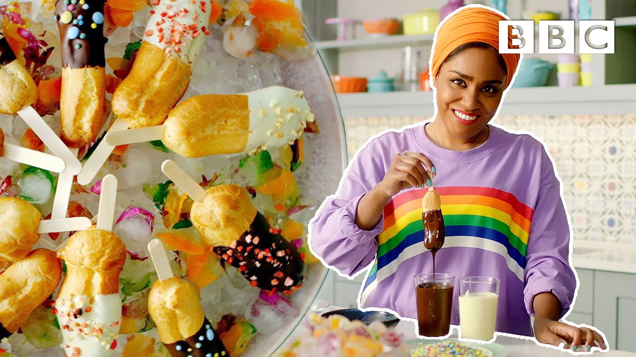 Chocolate covered raspberry eclairs pops | Nadiya's Summer Feasts - BBC