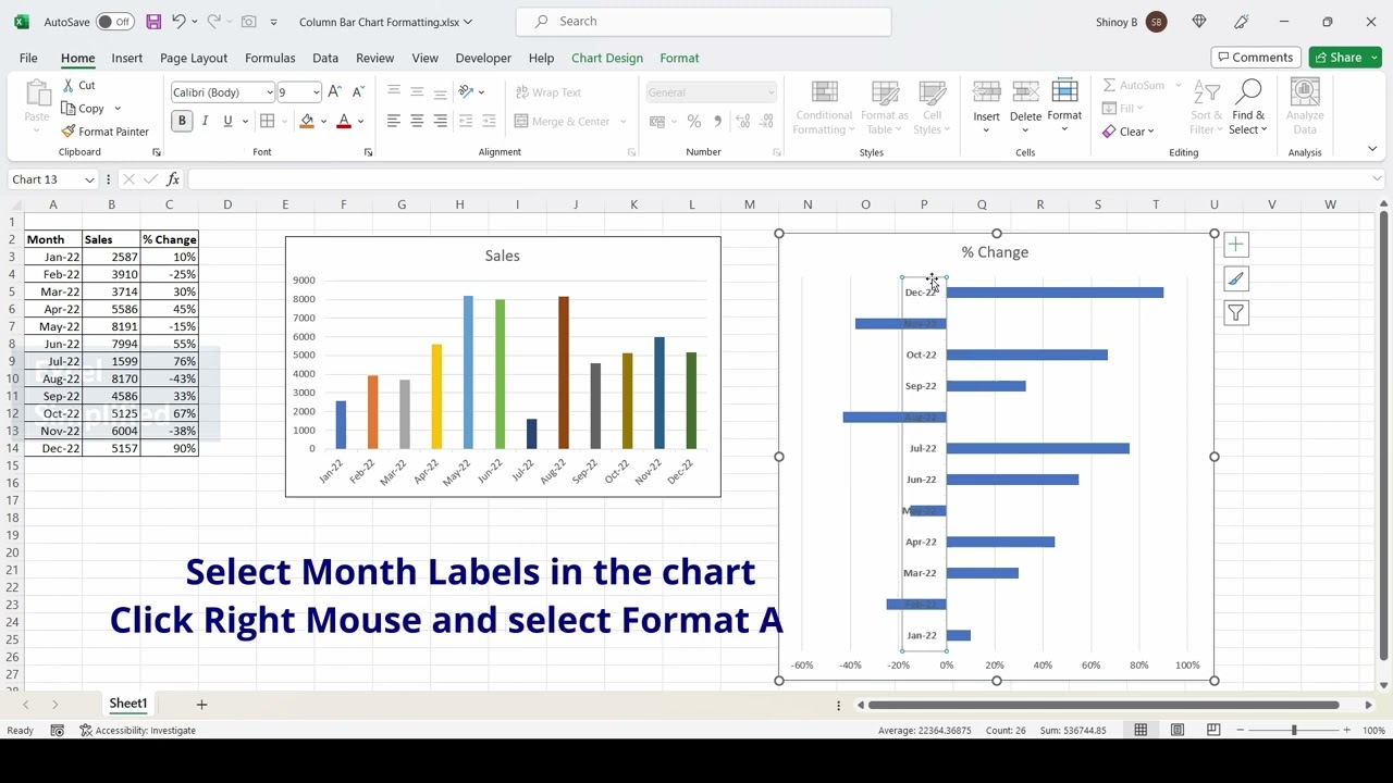 Excel Column and Bar Chart -  How to color positive and negative values in different colors