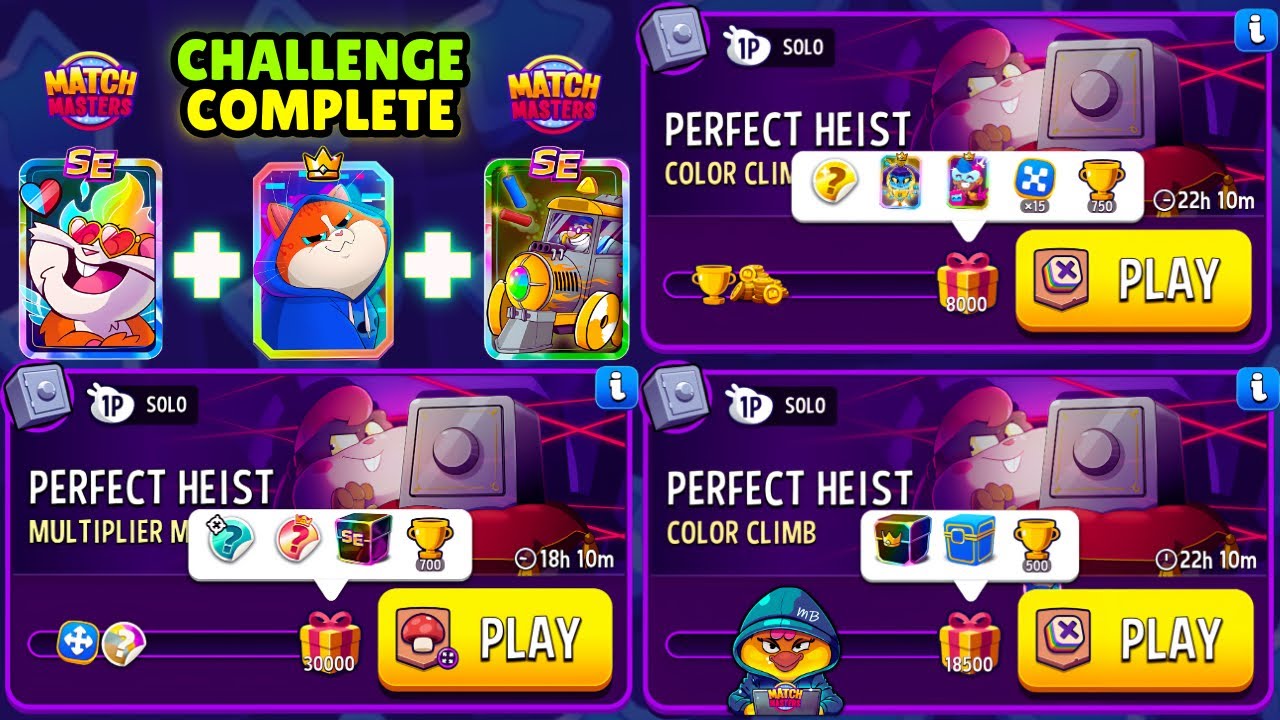 x3 Solo Challenge Perfect Heist/ Multiplier Mushrooms 30000p/ Color Climb 8000p/ Color Climb 18500p