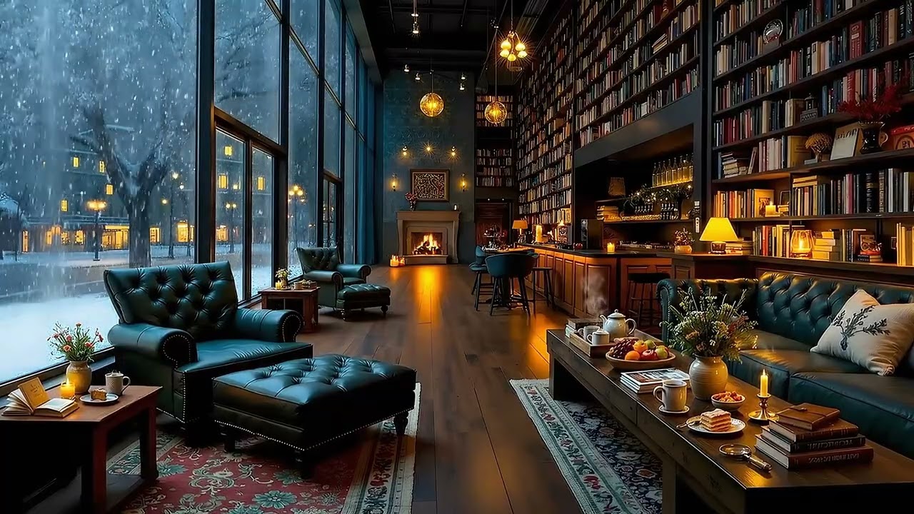 Cozy Winter Library Cafe Ambience ☕ Smooth Jazz Piano Music with Warm Fireplace & Rainy for Study