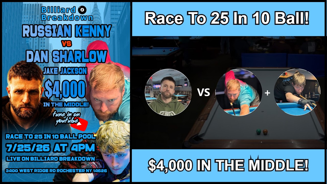 $4000 In The Middle Russian Kenny VS Dan Sharlow And Jake Jackson Race To 25 In 10 Ball Pool!