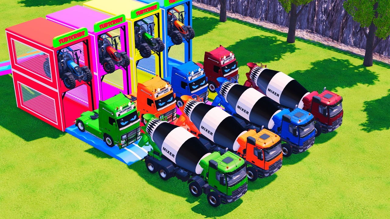 Transport with Colors - ALL MIXER TRUCK WITH DOUBLE FLATBED TRAILER TRUCK & TRACTOR! FS22 #132