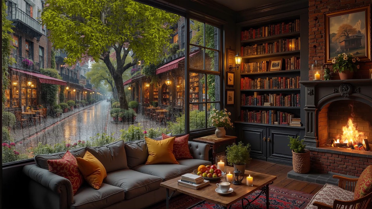 February Rainy Coffee Shop ☕ Relaxing Jazz Piano & Cozy Fireplace for Deep Work & Focus