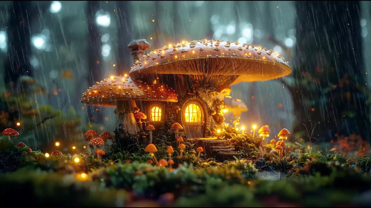 Enchanting Stormy Night in a Little Mushroom House | Thunder & Rain Ambience | Relaxing Video