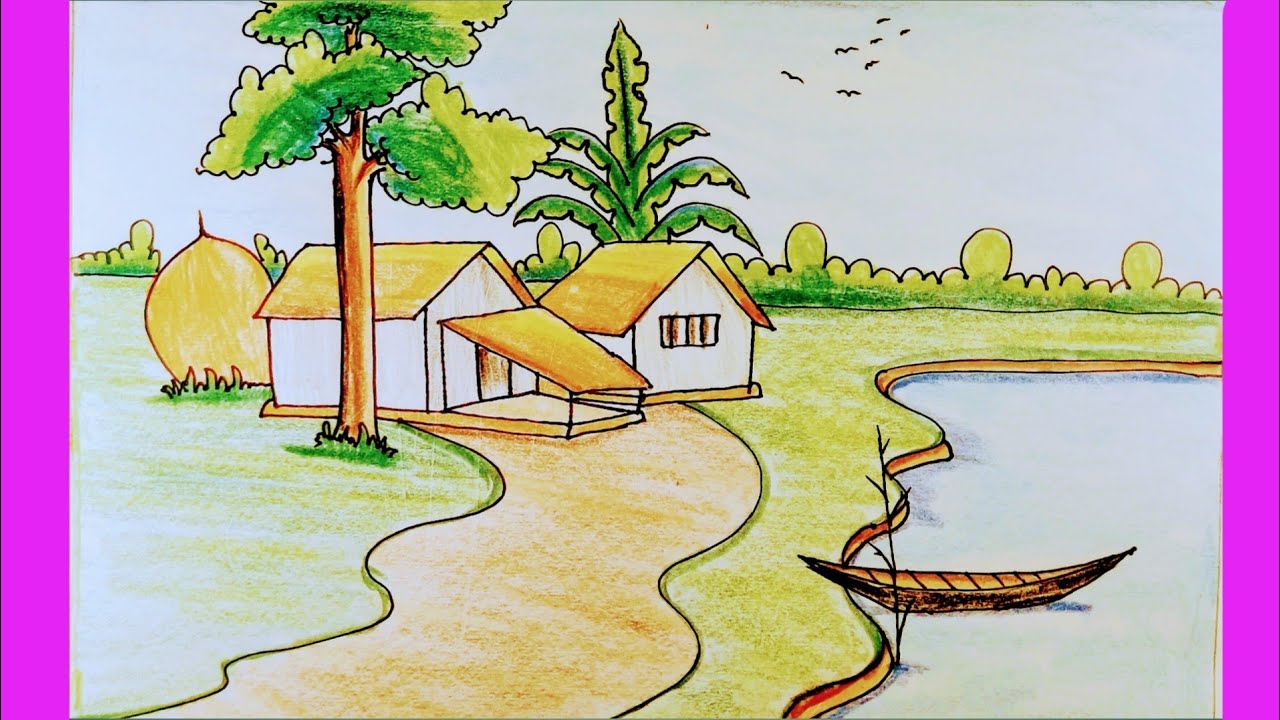 Village Drawing Scenery Easy Scenery Drawing Beautiful Village Scenery #drawing #house_drawing #art