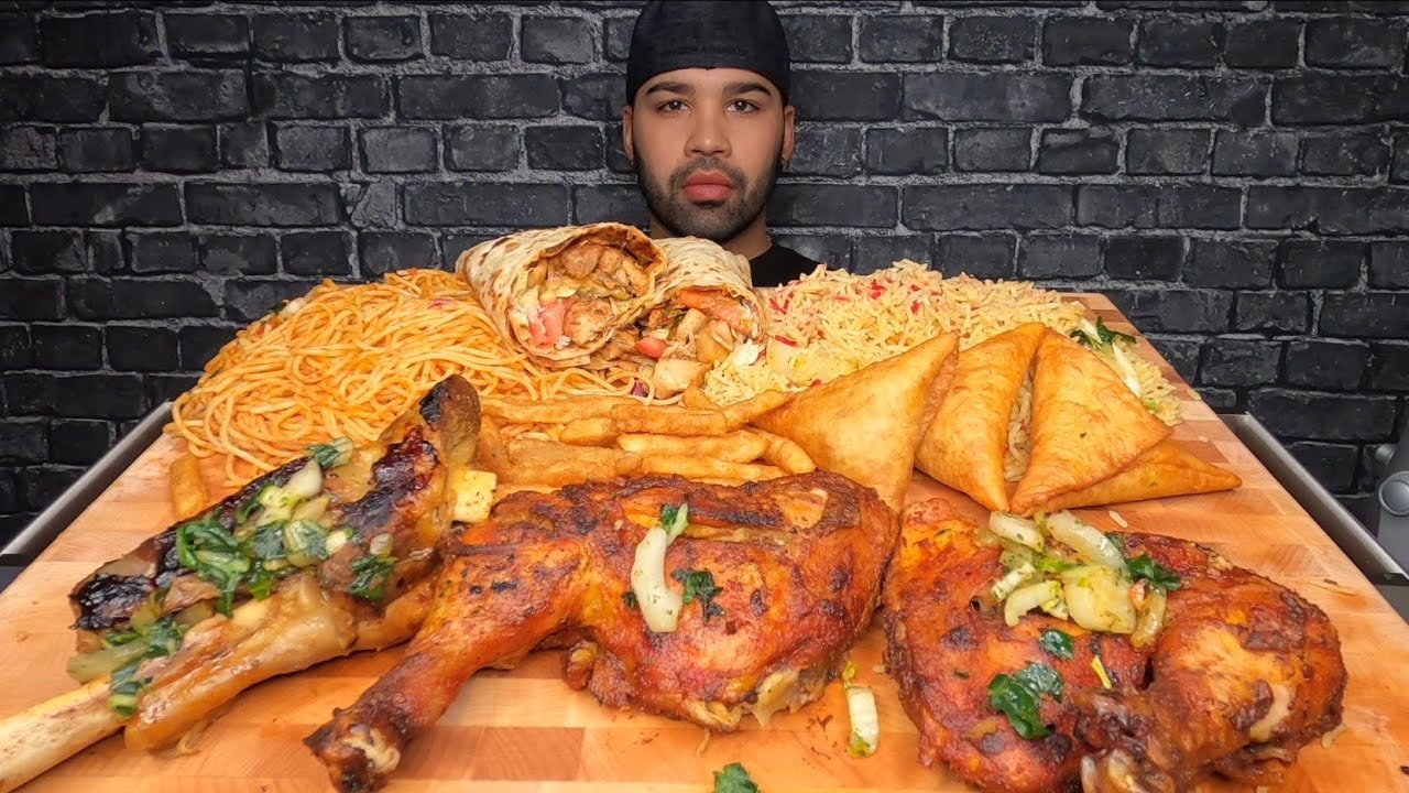 (ASMR) BBQ CHICKEN, SAMOSAS, LAMB SHOULDER, CHICKEN WRAPS, SPAGHETTI, RICE, FRIES MUKBANG