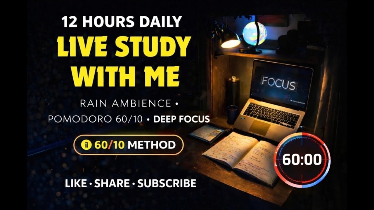 Day 9 - 12 Hour Study Challenge | 60/10 Pomodoro | Calm • Deep Focus • Discipline