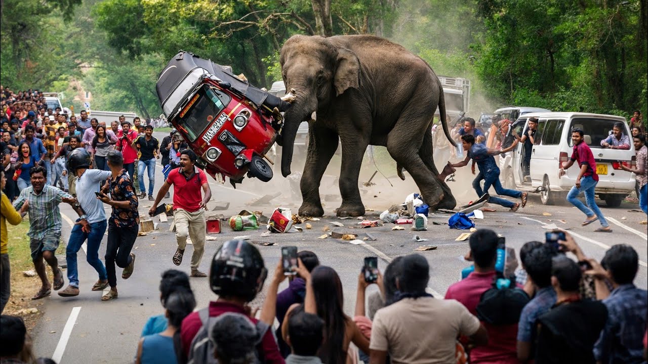 “Wild Elephant Goes on Rampage – Tuk Tuk Flipped as Terrified Crowd Watches!”
