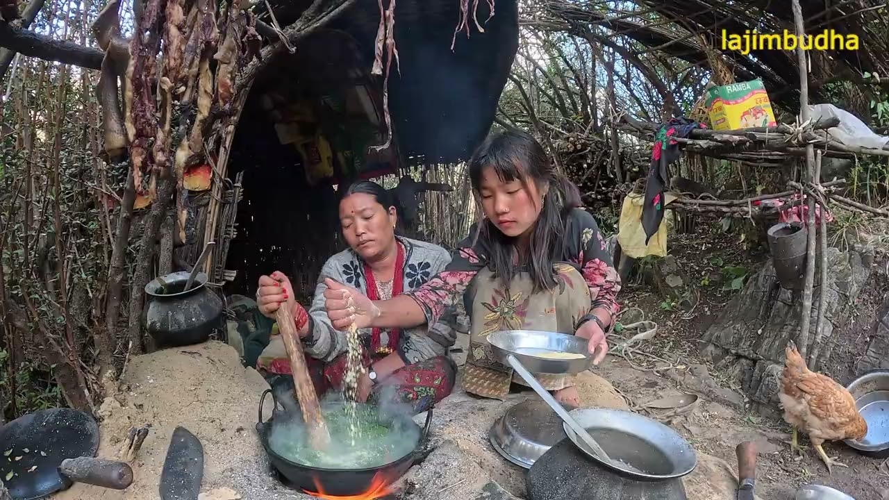 cooking nettle soup in winter || lajimbudha ||