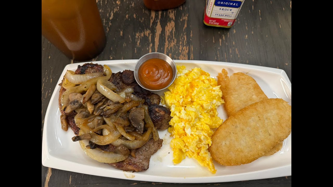 Lunchtime it’s Ready, pork chop plate  with sautéed onions and mushrooms