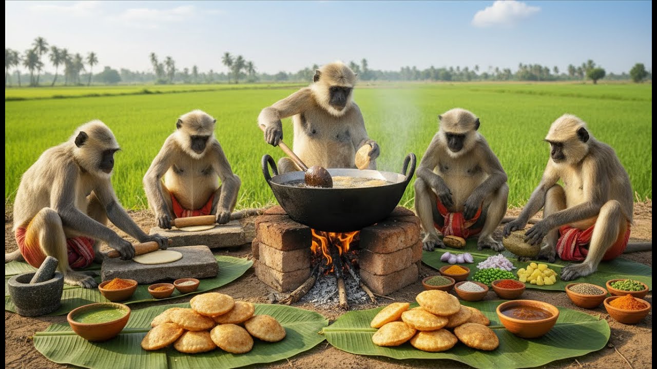 जंगल में बंदरों ने बनाई कुरकुरी कचौरी 😋🐒Monkey Chef Cooking Kachori | Jungle Village Style Food