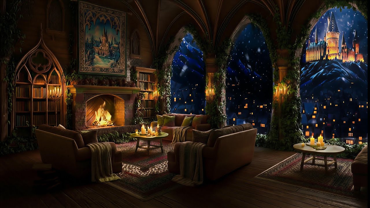 Cozy Gothic Library: Snowy Winter Castle Ambience | 3 Hours of Pure Fireplace Crackles ( No Music )