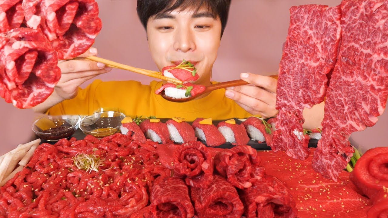 RUS SUB | высокое качество юкхе Суши Premium Raw Beef Sashimi ASMR Eating Show Hoony