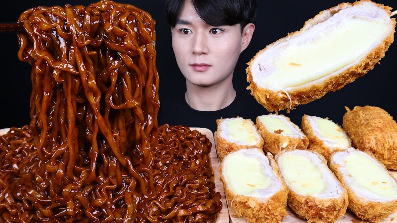 치즈 돈까스 진진짜라 먹방ASMR MUKBANG CHEESE PORK CUTLET & SPICY BLACK BEAN NOODLES チーズとんかつ eating sounds