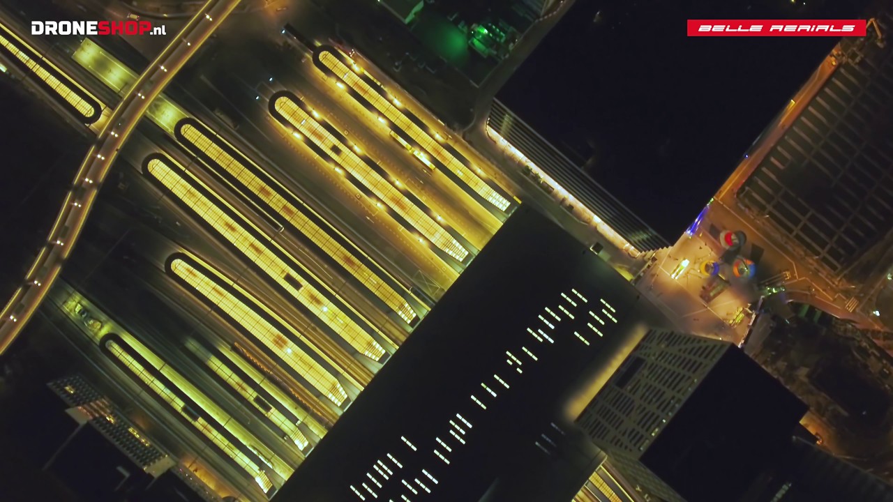 Utrecht Centraal Station Stadsplateau by Night filmed by drone