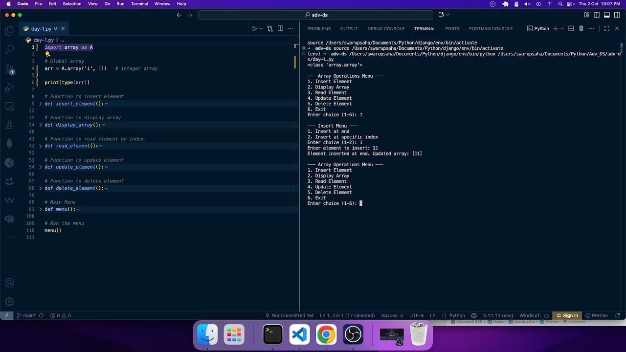 Array CRUD Operations in Python | Insert, Display, Read, Update, Delete with Menu Driven Program