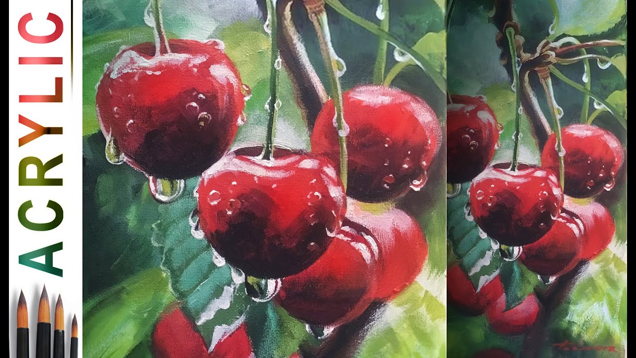 Water Drops on Cherry. How to paint 🎨ACRYLIC tutorial DEMO