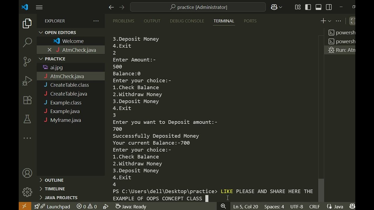 ATM MACHINE using class and Object Based On Oops Concept