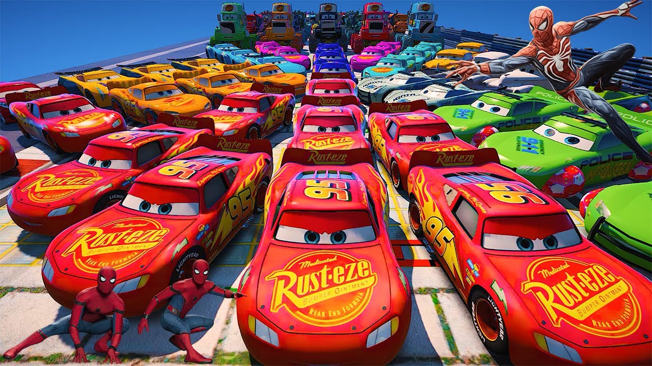 GTA 5 SPIDERMAN Cars Challenge Lightning & Monster McQueen Jackson Storm Miss Fritter & Friends Cars