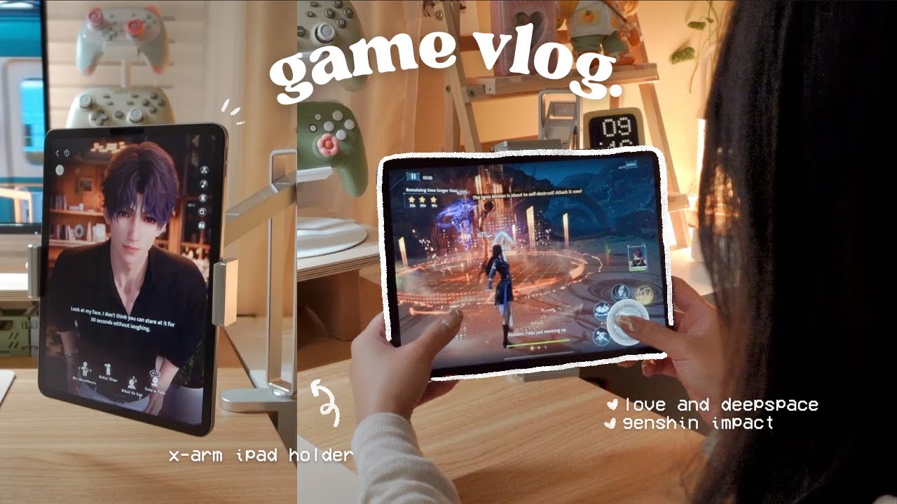 game vlog 👾 love and deepspace, genshin impact, japanese snacks | x-arm ipad and phone mount holder