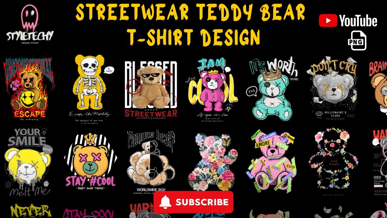 110+ Streetwear Teddy Bear T-Shirt Designs | Free PNG Bundle for POD & Clothing Brands