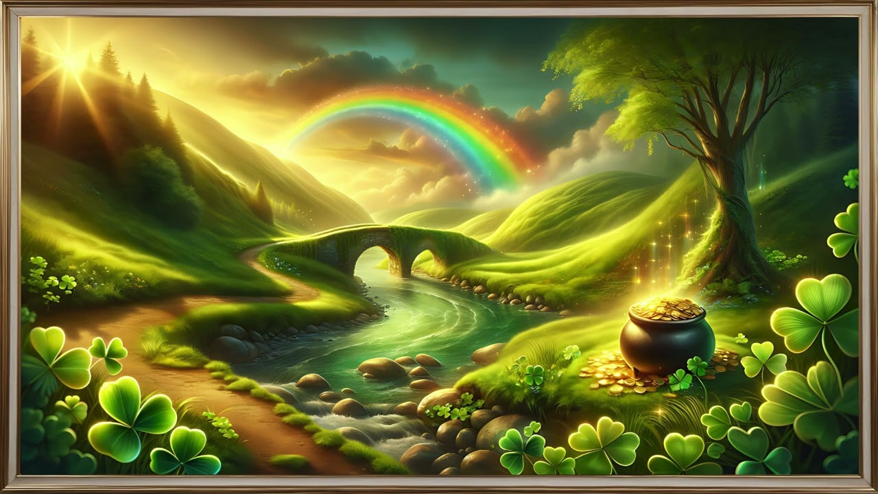 Saint Patrick's Day painting with rainbow and pot of gold #frametvart #stpatricksday #potofgold