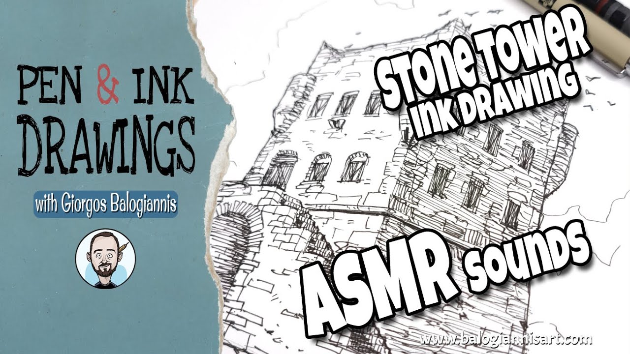 The Stone Tower of Markellos Ink Drawing &ndash; Highlights with ASMR sounds