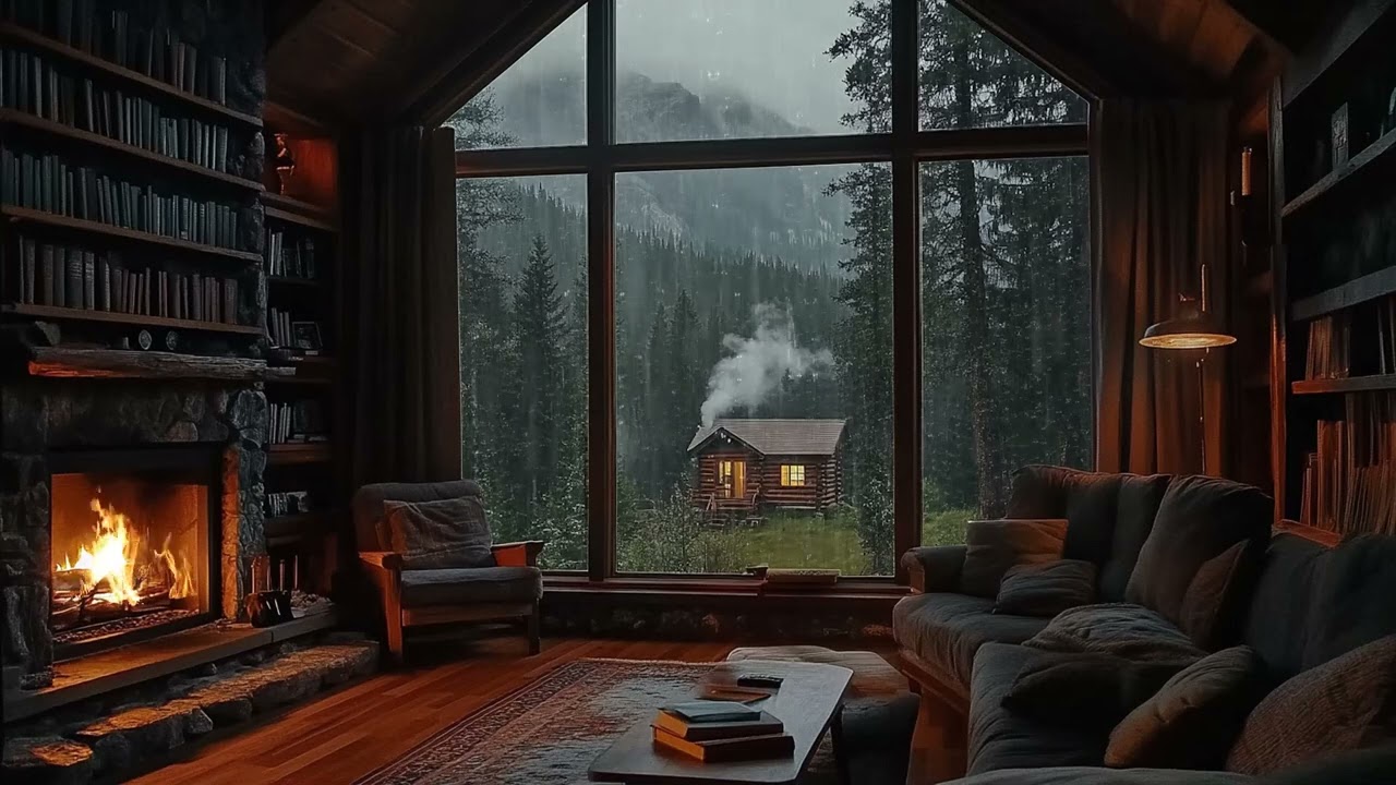 Rain Sounds on the Window and Fireplace in a Cozy Room for Relaxation and Meditaion