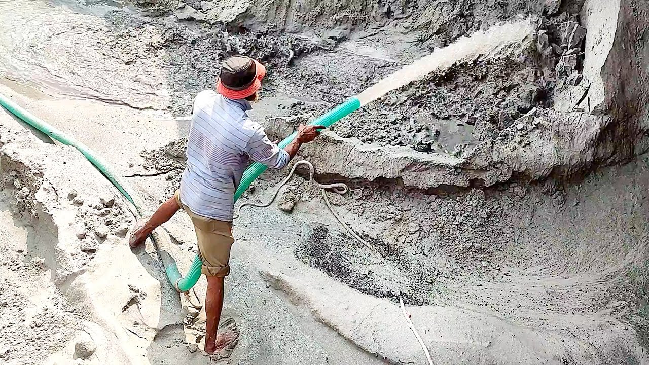 Expert Worker Wields Powerful Water Cannon for Sand Extraction | Amazing Sluicing Technique