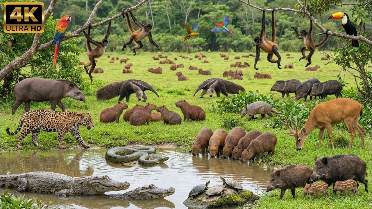 Amazon Rainforest River 4K 🌿 | Capybara, Monkeys & Deer in Peaceful Wildlife Scene