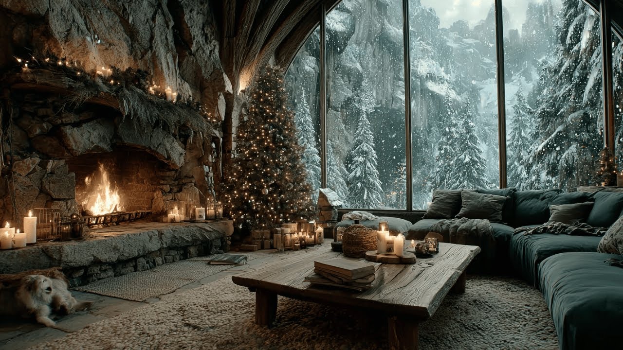 Cozy Christmas Fireplace ❄️ Emerald Winter Night | Snowfall, Fire & Soft Lights (Sleep Stream)