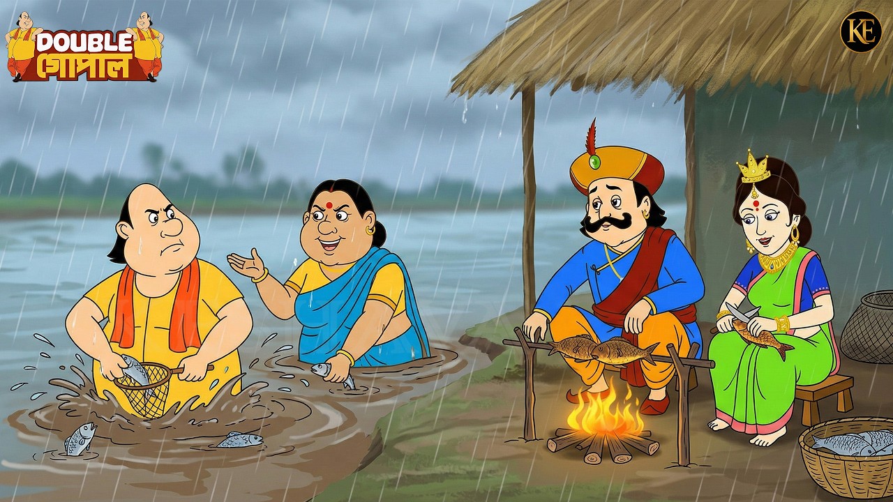 গোপাল ভাড় তার স্ত্রীর সাথে জলে মাছ ধরছিলেন, আর রাজা-রাণী আগুনে মাছ ভাজছিলেন। | Double Gopal New