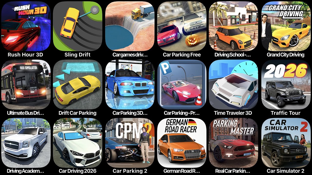 Rush Hour 3D, Sling Drift, Car Parking 3D, Car Games, Ultimate Bus Driving, Car Parking Free