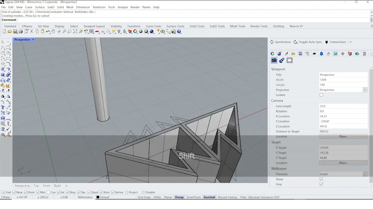 4 урок по Rhinoceros, команды Tool: extend curve, scale 1D, linear array, boolean difference.