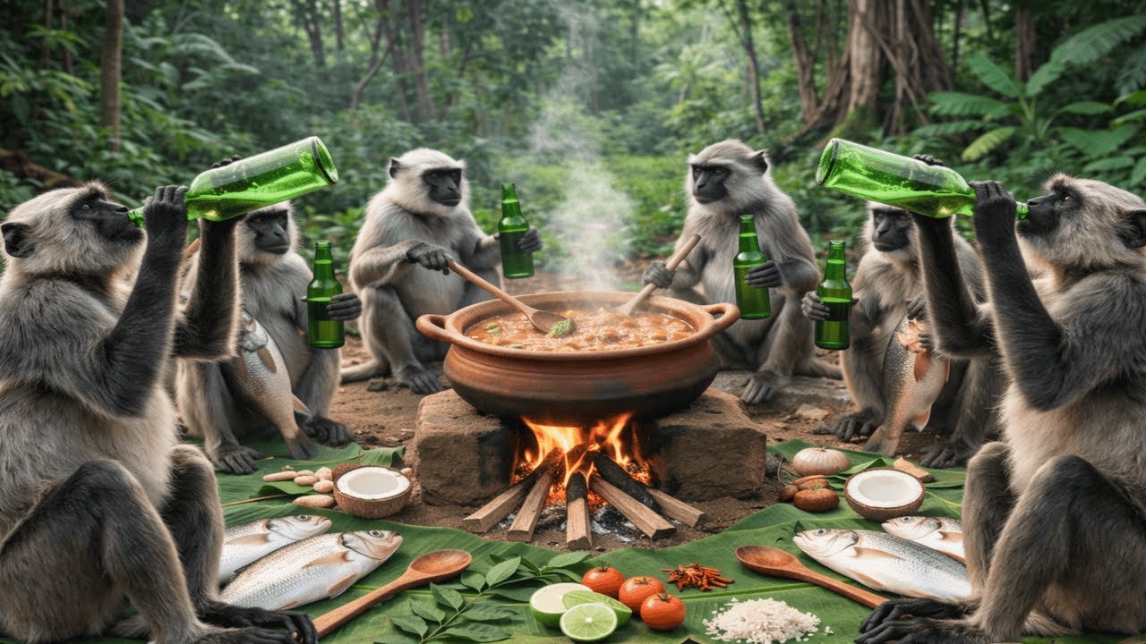 Monkeys Cooking Fish Curry at a New Year Party | Monkeys Cooked Fish Curry Together