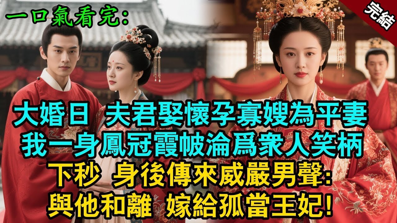 完結古言爽文：大婚當日 夫君娶懷孕寡嫂為平妻。我一身鳳冠霞帔淪爲笑柄。下秒身後傳來威嚴男聲：與他和離，嫁給孤當王妃！#小説 #古風 #故事 #古言 #有聲書 #爽文 #打臉 #大女主 #逆襲 #