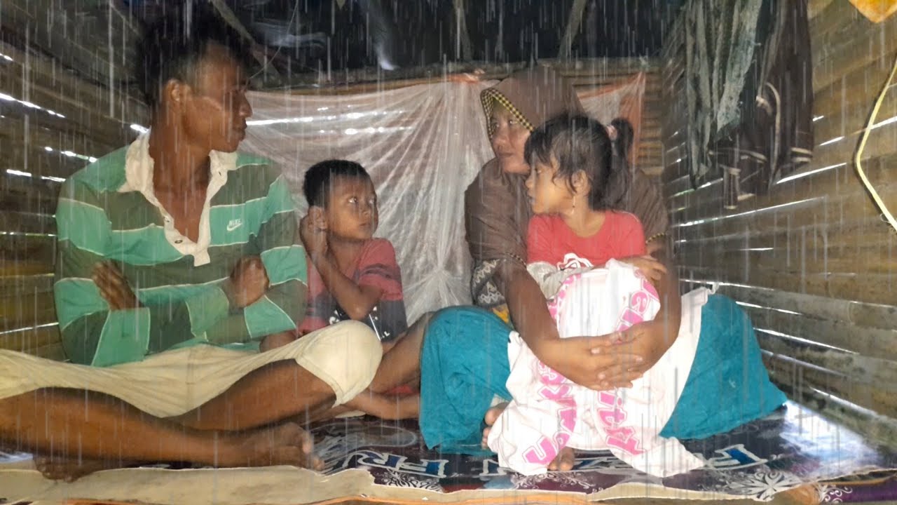 hujan deras angin kencang pohon bergoyang satu keluarga bertahan dalam shelter bambu kecil